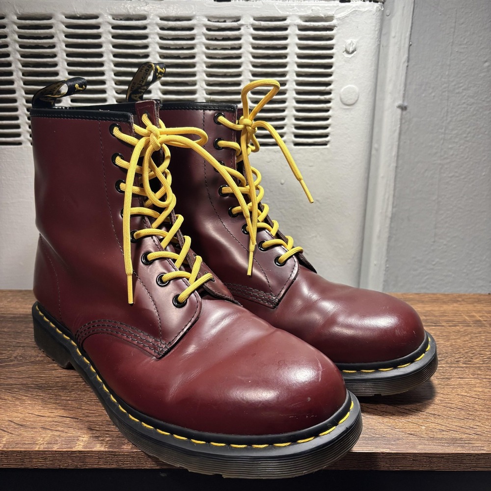 Dr Martens Boots Mens Size 13 Red Leather Lace Up Yellow Laces Classic Oxblood